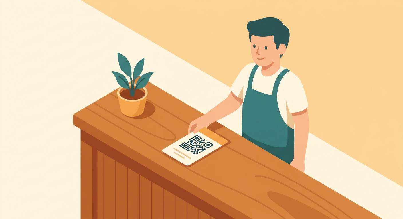 Shopkeeper placing a QR code card on a counter